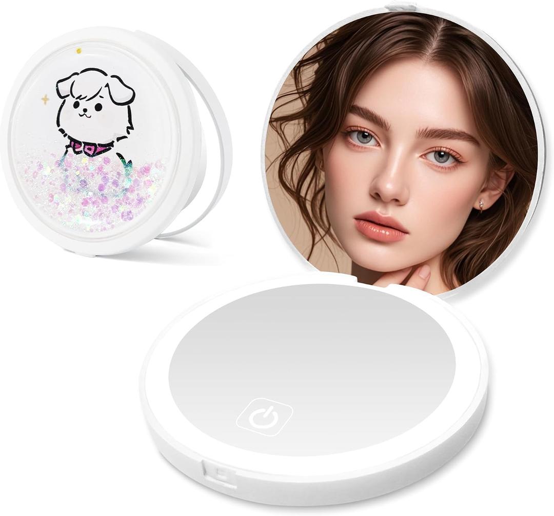 3 x Small Compact Mirror with Light, 1X/3X Magnification Travel Makeup Mirror, 3 Color, Dimmable Up, 3.14 inch Pocket Mirror, Folding, 2-Sided, Round Quicksand Mini MirrorBlue