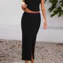 HUUSA Womens Two Piece Outfits Summer Bodycon Sleeveless Crewneck Crop Tank Tops Ribbed Split Long Skirt Dress Set (Black, S)