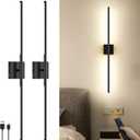 Modern Wall Sconce Set of 2, Battery Operated, Rechargeable Wall Light with Remote Control, 3000K-6500K Adjustable, 35" Dimmable LED Linear Picture Light for Living Room, Bedroom, Black