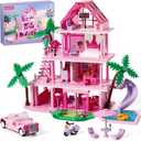 Girls House Building Sets Compatible with Lego Friends for Girls Age 8-12, 4-Story Pink Villa Building Blocks Toys with Pull-Out Floors, Great Birthday Gift for Girls 8-14