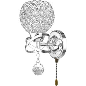 Modern Crystal Wall Light Pendent Lamp Chrome Finish Bedroom Sconce Lighting Fixture with Pull Cord Switch, E14 Socket (Spherical) (Silver)