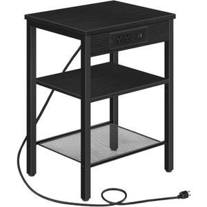 HOOBRO Side Table with Charging Station and USB Port, Small End Table for Small Space, 3-Tier Nightstand with Adjustable Shelf, for Living Room, Bedroom and Balcony, Black BB112BZ01