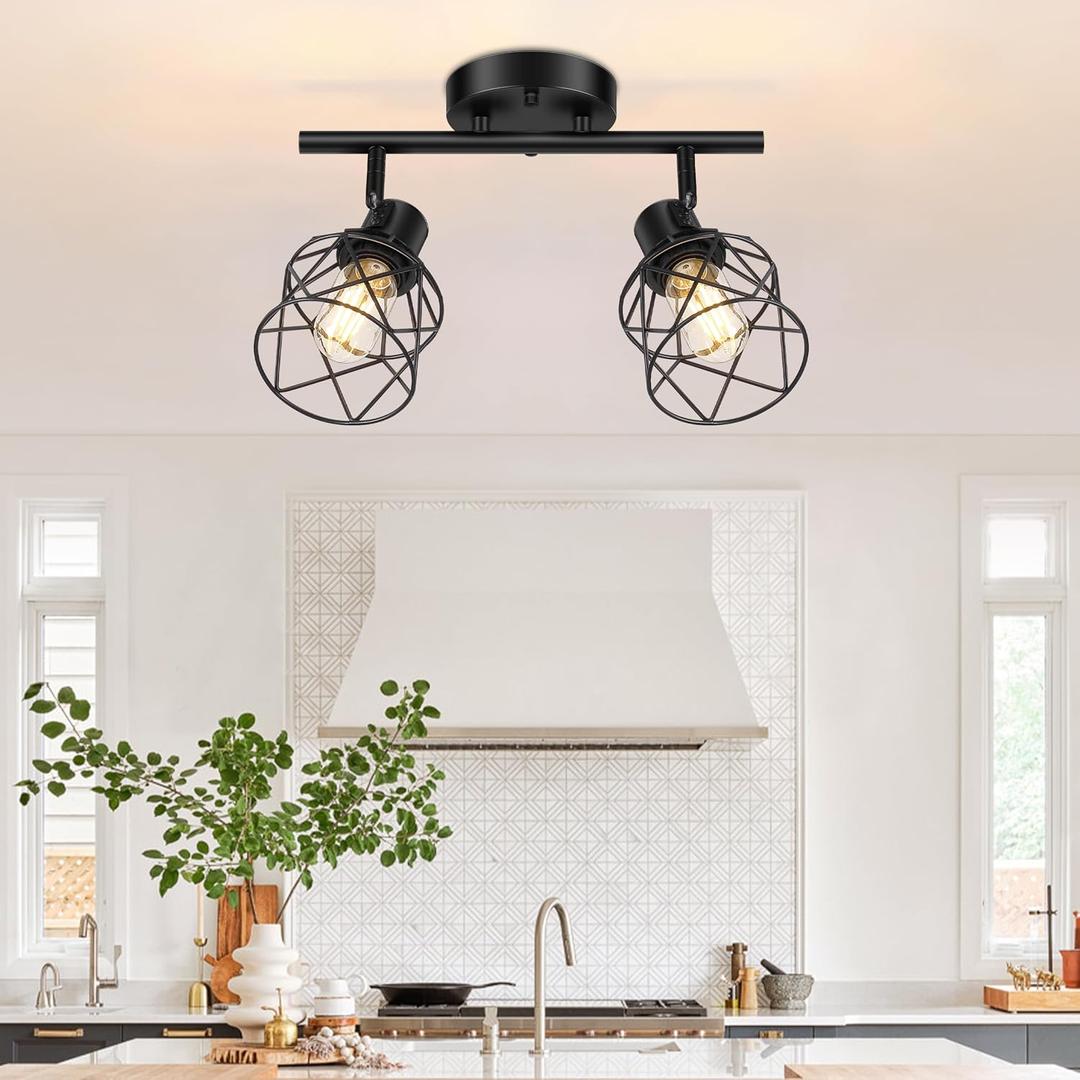 Baocuz 2-Lights Kitchen Light Fixtures Ceiling Mount, Adjustable Semi Flush Mount Ceiling Light with Metal Wire Cage, Vintage Track Spotlight Ceiling Fixtures for Dining Room, Farmhouse, Entryway