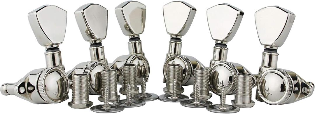 Guyker Guitar Locking Tuners (3L + 3R Handed) - 1:21 Models Rear Lock String Tuning Key Pegs Machine Head with Trapezium Handle Replacement for Electric, Folk or Acoustic Guitars - Nickel