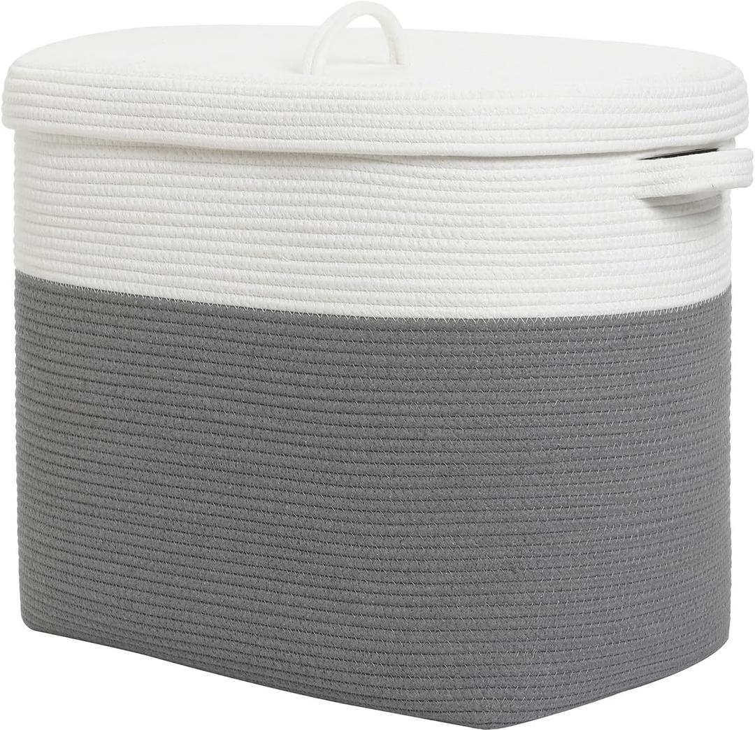 22”x14”x18” Rectangular Extra Large Storage Basket with Lid, Cotton Rope Storage Baskets, Laundry Hamper, Cloth Bin, for Clothes Blankets Storage in Living Room, Grey Basket with Lid