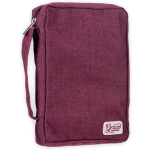 Christian Art Gifts Value Poly-Canvas Bible Cover Case for Women: Grace Upon Grace - John 1:16 Inspirational Scripture w/White Rubber Badge, Pocket, Pen Loops to Organize Accessories, Plum, Medium