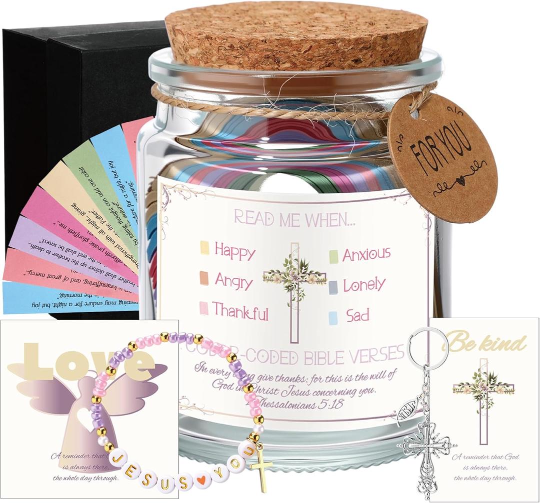 Kenning 3 Pcs Father's Day Christian Gifts, Bible Verse Jar Inspirational Prayer Jar with Scriptures 129 Pcs Verses Bible Card, Cross Bracelet, Keychain for woman man(Be Kind)