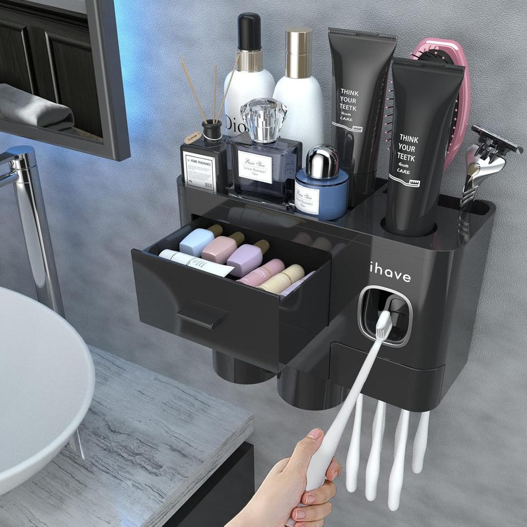 iHave Toothbrush Holders for Bathrooms, 2 Cups Toothbrush Holder Wall Mounted with Toothpaste Dispenser - Large Capacity Tray, Cosmetic Drawer - Tooth Brushing Holder & Bathroom Accessories (Black)