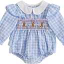 Adobabirl Infant Baby Girl Outfit Newborn Bow Bubble Romper Long Sleeve Embroidery Jumpsuit Cute Smocked Clothes (Blue)