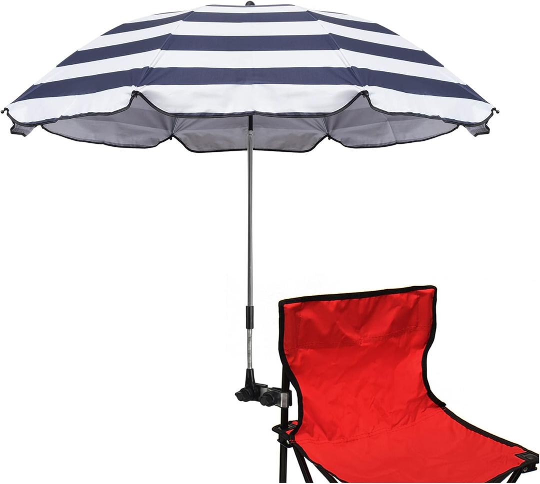 Chair Umbrella with Clamp,46 inches UPF 50+ Clip on Parasol for Patio,Beach Chairs,Strollers,Wheelchairs,Golf Carts (Dark Blue Stripe)