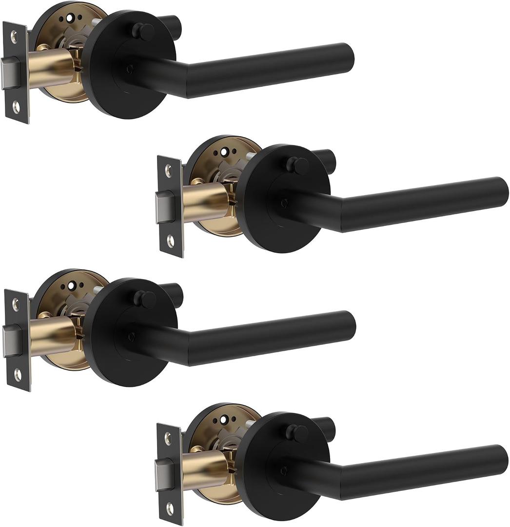 4 Pack Stainless Steel Privacy Door Handle - Keyless Push Button Lock, Matte Black Finish, Reversible Left/Right Hand Lever