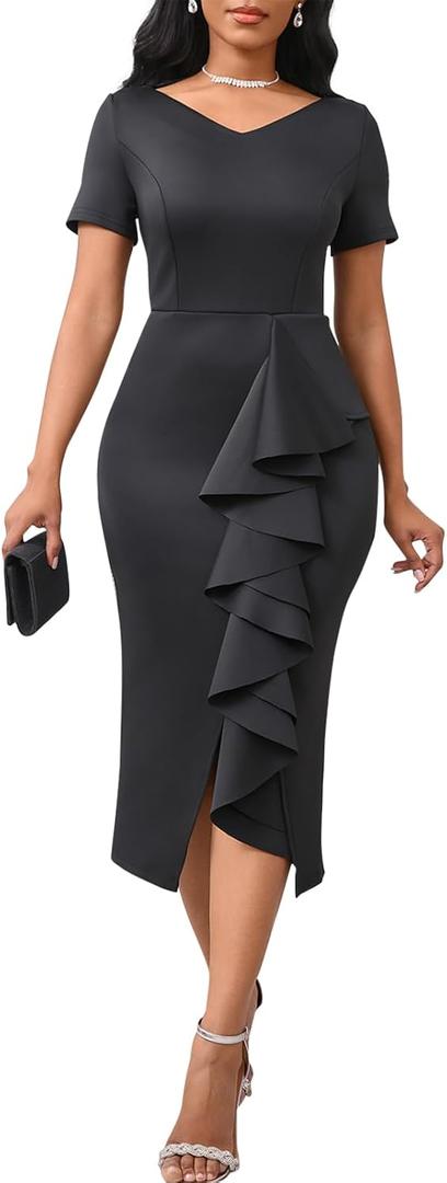 Cololura Women Sexy Elegant V Neck Short Sleeve Slit Ruffle Maxi Dress Formal Pencil Bodycon Midi Dress, Size: 2XL