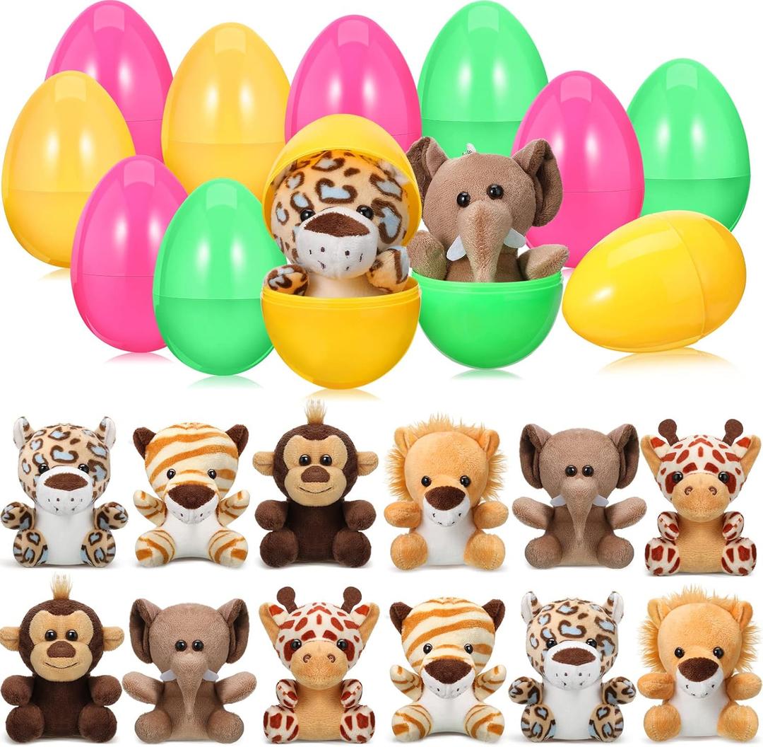 Skylety 12 Pieces 4.8 Inch Stuffed Easter Eggs Filled Easter Eggs with Toys Stuffed Forest Animals Cute Easter Eggs with Stuffed Animals Plush Elephant Giraffe Tiger Easter Theme Party Favor