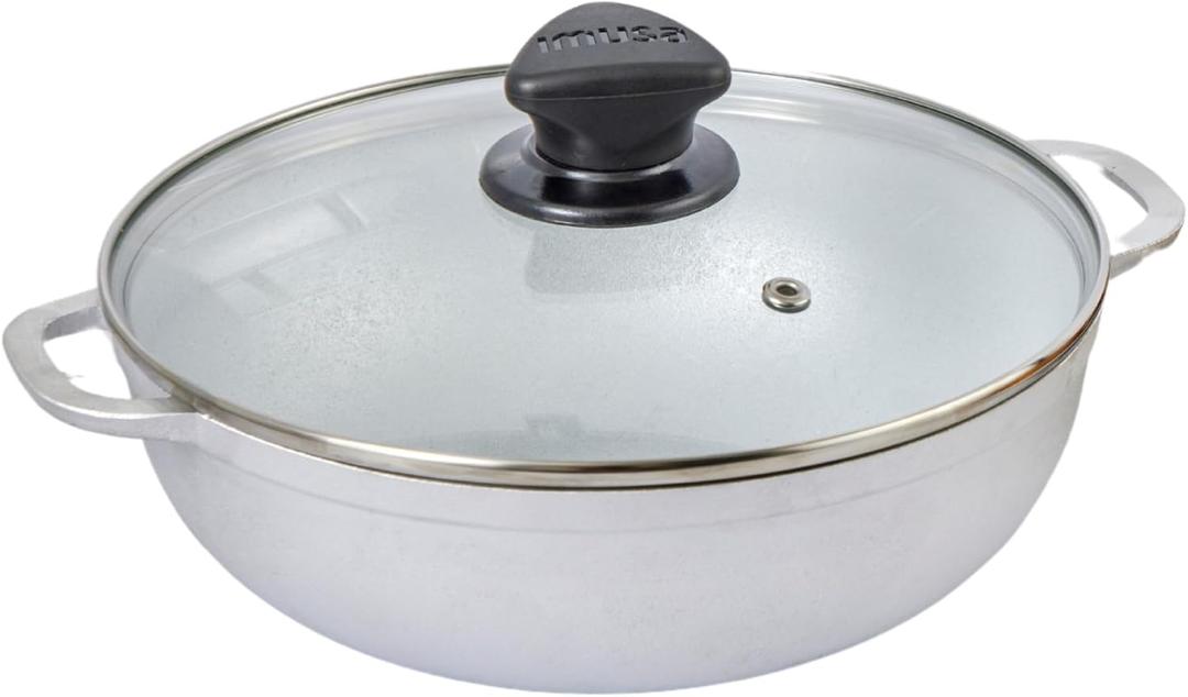 IMUSA Caldero Cast Aluminum Stock Pot 7 Qt with Glass Lid, 30 cm Diameter, Heavy Bottom Cooking Pot with Riveted Handles, Oven Safe Rice Pot for Stews, Soups and Beans