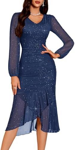 DRESSTELLS Sequin Wedding Guest Dresses for Women, Formal Cocktail Evening Party Bodycon Mesh Ruched Long Dress L