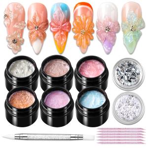 Solid Builder Nail Gel,6 Colors Non-Sticky Hand 3D Sculpting Gel for Nail Art, Nail Extension Glue Hard Gels Nail Kit with Nails Rhinestone for 3D Flower Carving Modeling Manicure Salon Supplies (Multicolour)