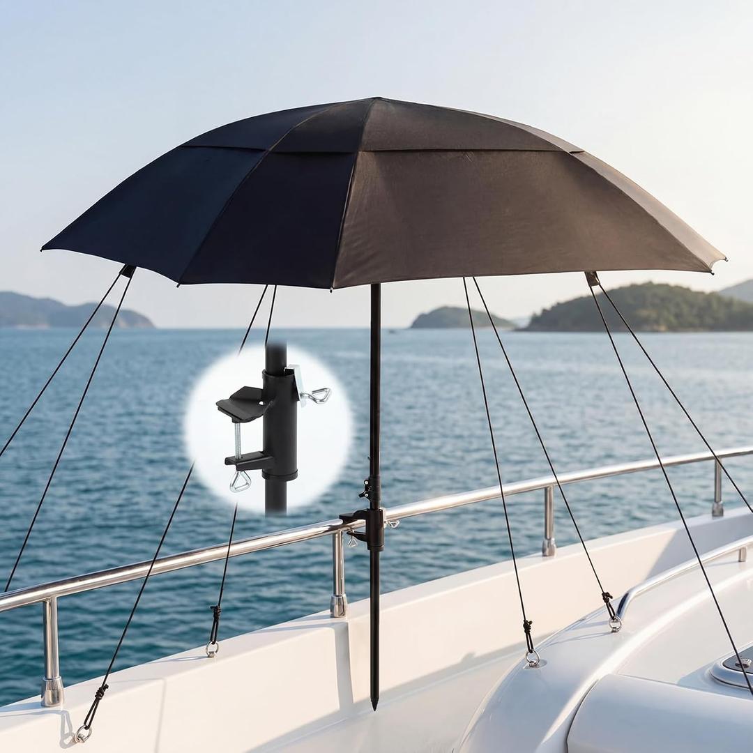 Umbrella Boat Covers with Stand Clamp Ropes 53 Inch Standing Canopy 360°adjustable Portable Deck Rail Mounted Umbrella for Boat Covers Outdoor Beach Sunshade Fishing, Black, 53 inches diameter, 67 inches length