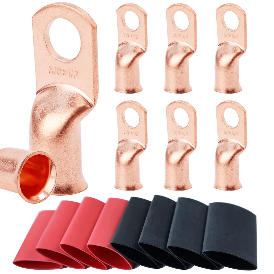 TKDMR 8pcs 3/0 AWG-1/2 Battery Lugs,Heavy Duty Wire Lugs,Ring Terminals,Battery Cable Ends,0 Guage terminals,Battery Terminal Connectors with 8pcs 3:1 Heat Shrink Tubing