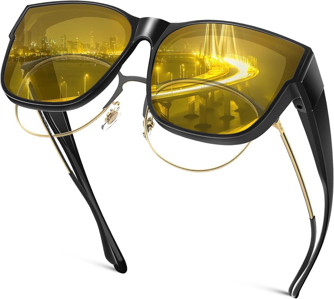 Night Vision Driving Glasses Fit Over Eyeglasses for Men Women, Anti Glare Polarized Night time Glasses Yellow Lens (A02 Matte Black Frame/Night Vision Lens)