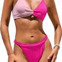 ZAFUL Women Bikini Sets Criss Cross Back Bathing Suit Knot Front Two Piece Swimwear Thong Cheeky Swimsuit Set (Small, Hot Pink & Pink)
