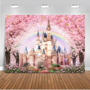 Mocsicka Floral Castle Backdrop Princess Castle Pink Sakura Forest Rainbow Flowers Floral Fantasy Fairy Tale Wonderland Background Wedding Birthday Party Princess Photo Studio Props (10x8ft)