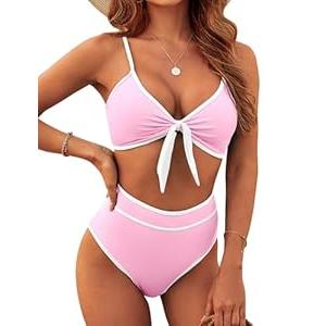 Blooming Jelly Women's High Waisted Bikini Set Tie Knot Color Block Swimsuits 2 Piece Bathing Suits 2025 (Small, Pink)