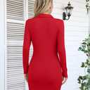 VICHYIE Women Lapel Neck Ribbed Bodycon Tight Fall Dress Long Sleeve Mid Thigh Pencil Above Knee Dresses (Red, M)