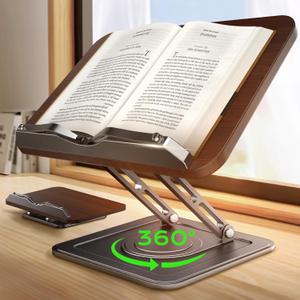 Book Stand for Reading, Adjustable Book Holder with 360Rotating Bases, Ergonomic Cookbook Stand Recipe Book Holder with Elastic Page Clips for Magazines, Tablets, Laptops
