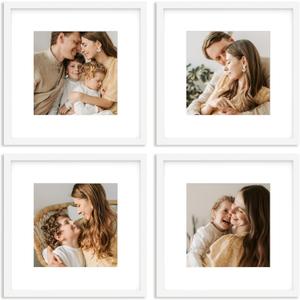 An&He 12x12 Picture Frames Set of 4, Displays 8x8 with Mat or 12x12 Without Mat Photos, Square Collage Wall Decor for Gallery, Wall Decor, White