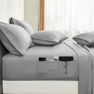 BYSURE 6 Pieces Bed Sheets Set with Pockets on Side(King, Light Grey), Sweat-Wicking Breathable Sheets, 16-inch Super Soft Hotel Embroidered Microfiber Sheet Set
