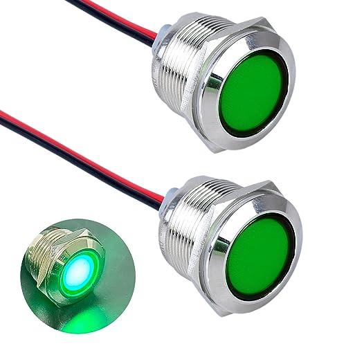 DMWD 2PCS 22mm (7/8") LED Indicator Light, 12-24V AC/DC 20mA Energy Saving Metal Waterproof IP67 Single lamp LED Pilot Lamp Flat Head with 20cm/7.87in. Wire for Car Truck Boat(Green LED)