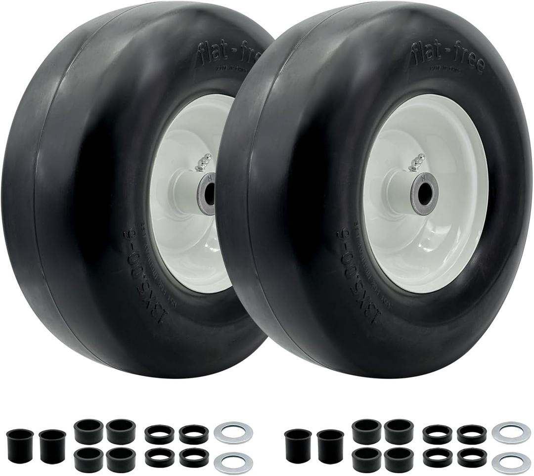2PCS 13x6.50-6 Flat Free Smooth Tires and Wheel with 4"-7" Centered Hub,3/4'' or 5/8''Sintered iron Bushing,Solid Tire Assembly for Lawn Mower Garden Tractor,Garden Turf