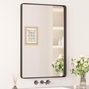 Keonjinn Black Bathroom Mirror for Vanity 24 x 36 Inch Metal Framed Wall Mirror Matte Black Rounded Rectangle Farmhouse Mirror, HD Tempered Glass, Wall-Mounted Decorative Mirror(Horizontal/Vertical)