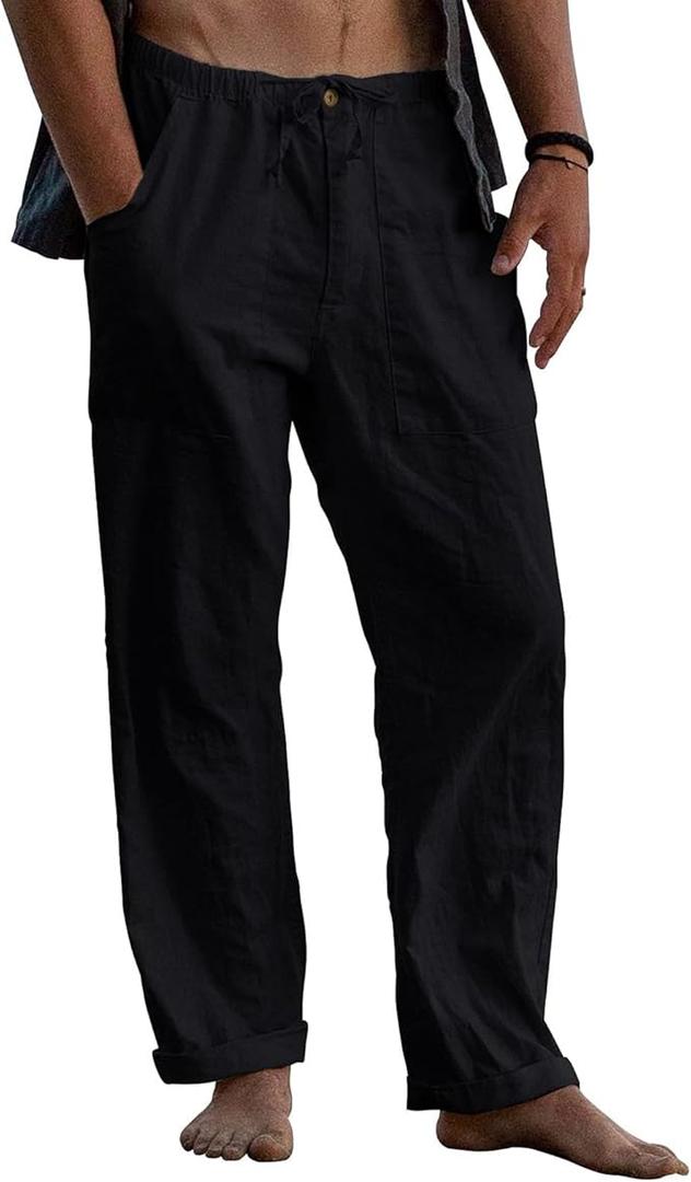 Men's Casual Linen Pants Elastic Waist Beach Summer Pants Lightweight Linen Trousers, 3XL 