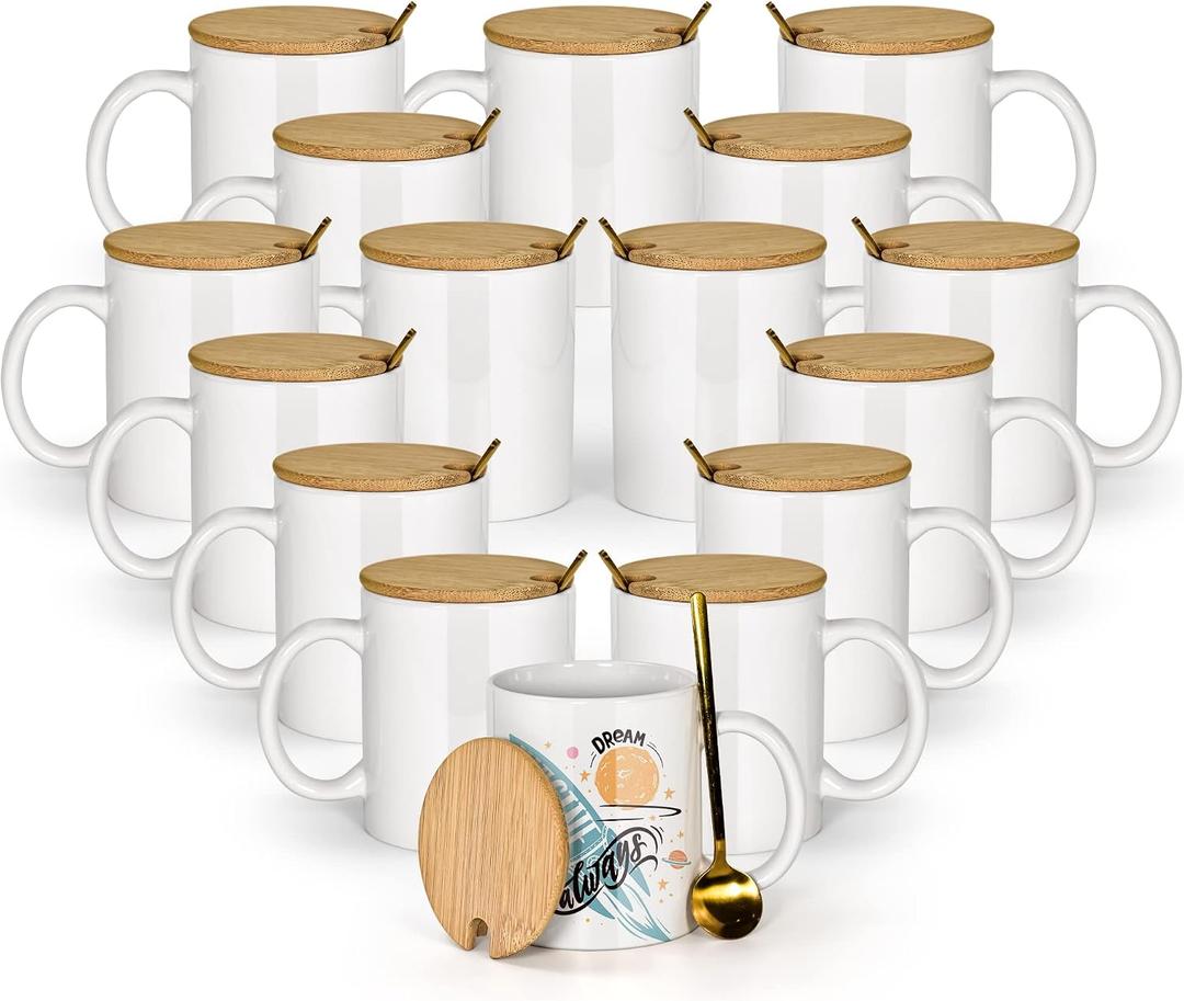 AGH 16pcs 11 oz Sublimation Mugs Blanks, White Coffee Ceramic Mugs Bulk, Plain Mug Cups for Sublimation with Bamboo Lids and Stainless Steel Spoon For Coffee, Soup, Tea, Milk, Latte
