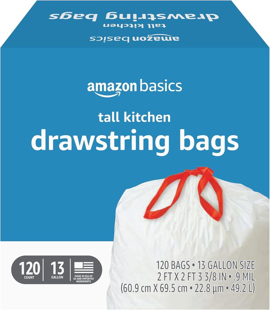 2 x Amazon Basics Tall Kitchen Drawstring Trash Bags, Sturdy and Tear Resistant, 13 Gallon, Unscented, 120 Count