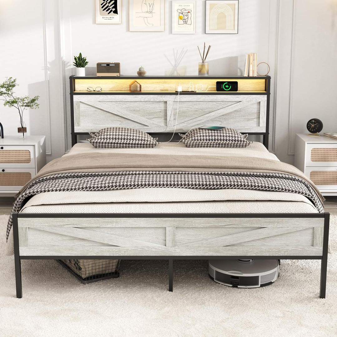Bed Frame Full Size with Charging Station, Platform Metal Bed with Headboard & Led Light, Farmhouse Storage Bed for Bedroom, No Box Spring Needed (Antique White)