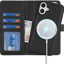 Zouzt Case for iPhone 16 6.1 Inch, 2 in 1 Detachable Wallet with Card Holder for MagSafe Magnetic Wireless Charging Premium PU Leather Flip Folio Kickstand Shockproof Cover Women Men, Black