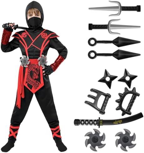 Spooktacular Creations Halloween Ninja Costume Kids, Ninja Dragon Jumpsuit Set, Boys Halloween Costume for DressUp Party Size L