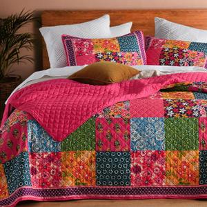King Quilt Set for Bed - 100% Cotton Quilts Patchwork Comforter Coverlet Bedspread Reversible 90"x104" with 2 Pillow Shams