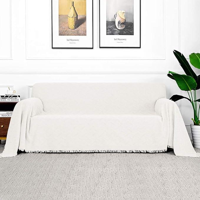 MYSKY HOME White Geometric Sofa Covers for 2 Cushion Couch Sectional Sofa, Living Room Sofa Slipcovers, Couch Covers for Pets and Kids (L, 71 x 102 Inch, White)