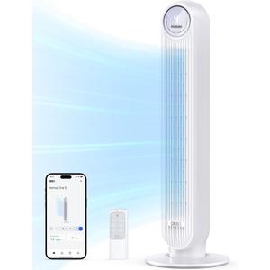 Dreo Tower Fan for Bedroom, 25ft/s Smart Standing Fans, 90 Oscillating Floor Fan with 4 Modes, 4 Speeds, 8H Timer, 28dB, Bladeless, Remote, 28 dB, Works with WiFi Voice Control (White)