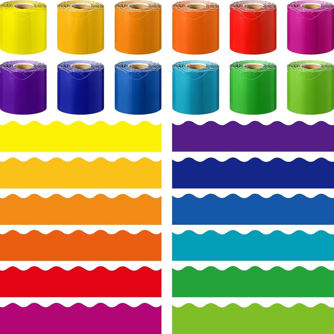 Ctosree 12 Roll 630 ft Colorful Bulletin Board Borders Bulk Scalloped Rolled Border Trim for Classroom Back to School Chalkboard (Rainbow Color)