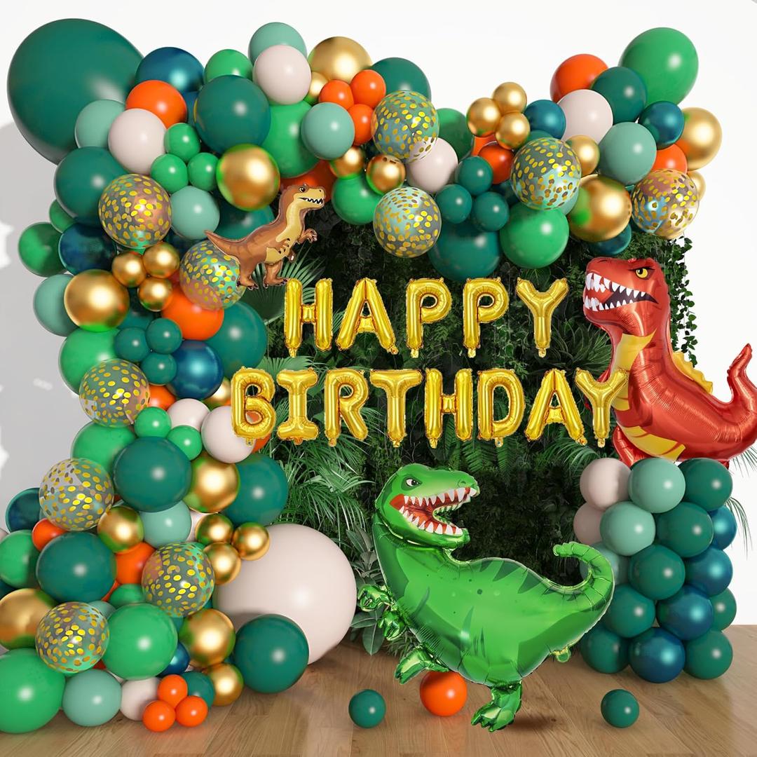 Amandir 165Pcs Dinosaur Balloons Arch Garland Kit, Sage Green Orange 6Pcs Dino Foil Balloons Happy Birthday Balloon for Jungle Safari Dinosaur Themed Party Baby Shower Decorations Supplies Kids Boys