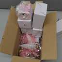 Kasyat 64 Pcs Christmas Village Figurines Decor Set 5 Lighted LED Xmas Village Houses with 24 Mini Xmas Trees 34 Figurines Collection for Town Pink Pastel Scene Desk Battery Operated Landscape Decor