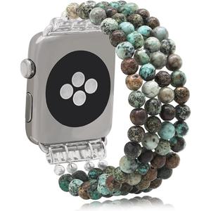KAI Top Beaded Bracelet Compatible with Watch Band 38mm/ 40mm/ 41mm for Women Girls, African Turquoise Natural Stone Beaded Elastic Replacement Stretch Strap for iWatch Series SE Series 7/ 6/ 5/ 4/ 3/ 2/ 1