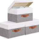 Fabric Storage Boxes with Lids, Linen Foldable Cloth Baskets, Closet Organizer Containers with Double Handles, Sweater Bins for Bedroom, White and Grey, 3 Pack, 13 x 9.1 x 7.9 Inch