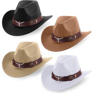 Panitay 4 Pcs Classic Western Cowboy Hat for Men Felt Wide Brim Hats Women Belt Buckle Panama for Adults Kids Party, 4 Colors (Medium, Black, White, Khaki, Dark Khaki)
