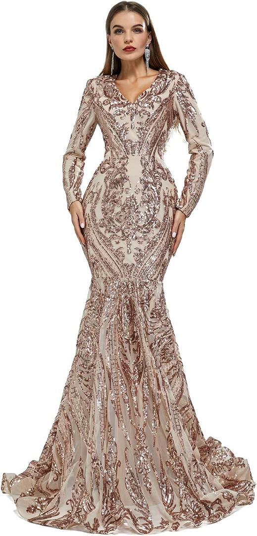 Women's Long Sleeves V-Neck Sequins Mermaid Evening Dress (Champagne), Size: 16W