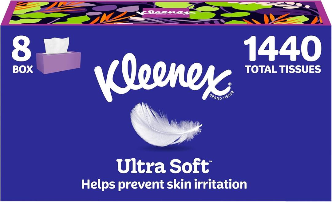 Kleenex Ultra Soft Facial Tissues, 8 Flat Boxes, 180 Tissues per Box, 3-Ply